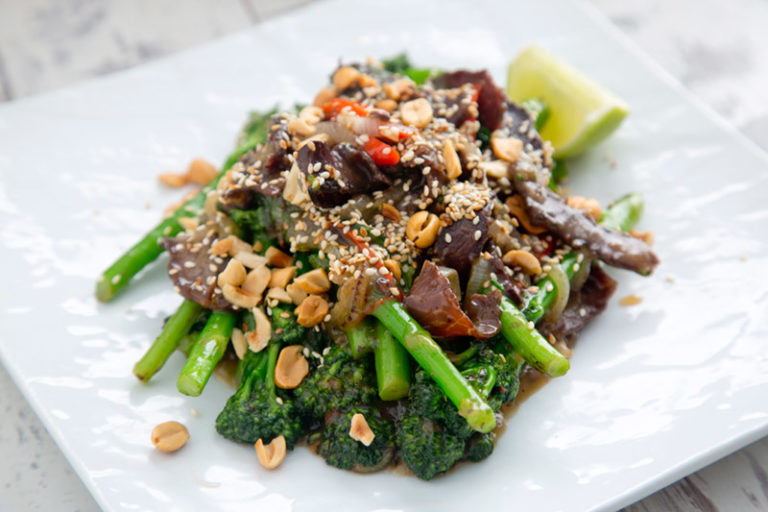 Biltong and Tenderstem Broccoli in Sweet Soy with Sesame & Nut Crumble Recipe